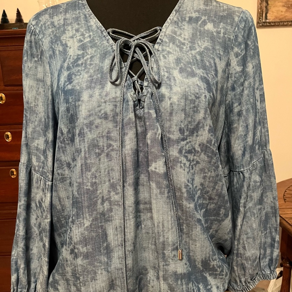 White House Black Market Denim Blue Lace-Up Blouse
